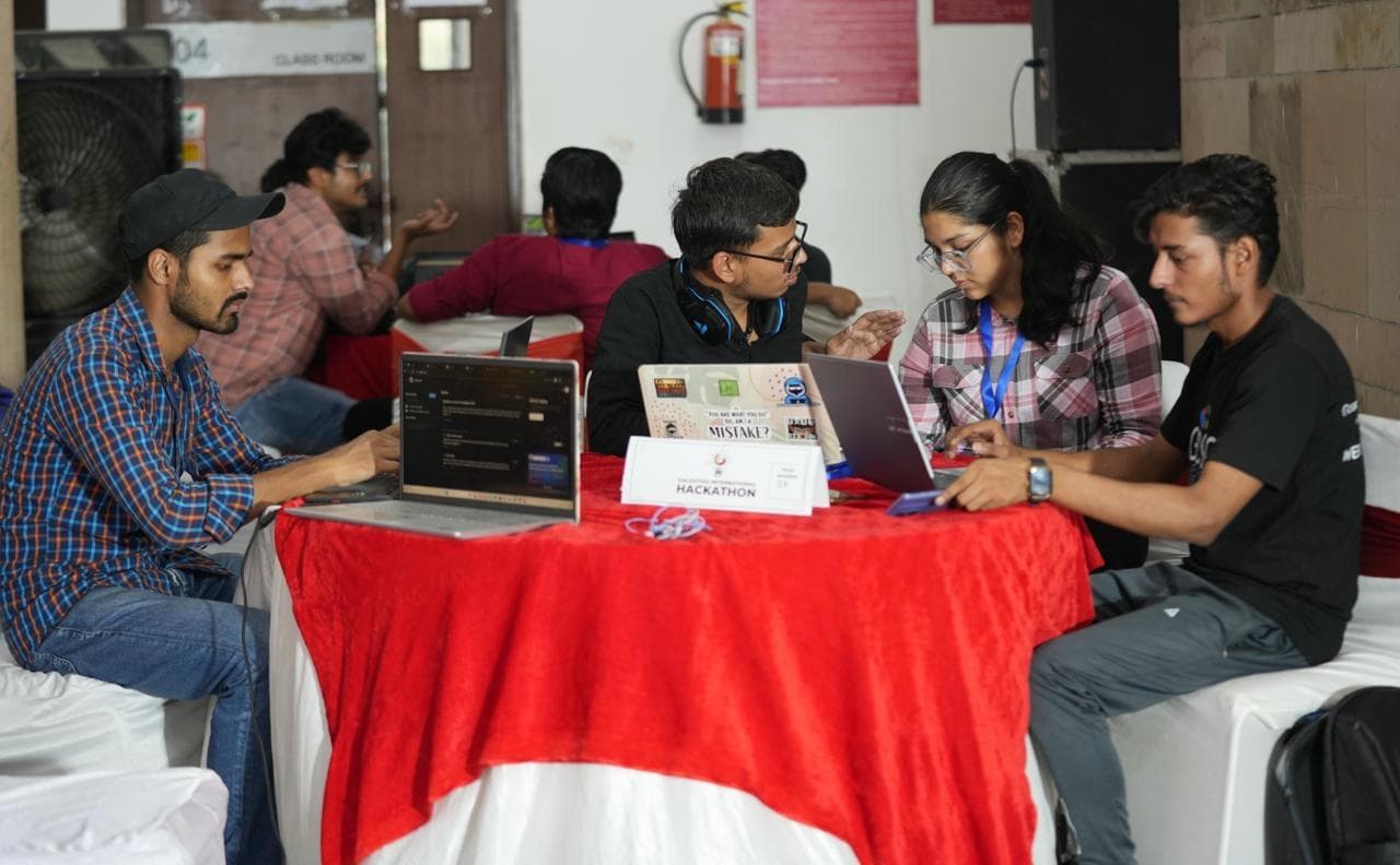 Teams heads-down at the Galgotias International Hackathon